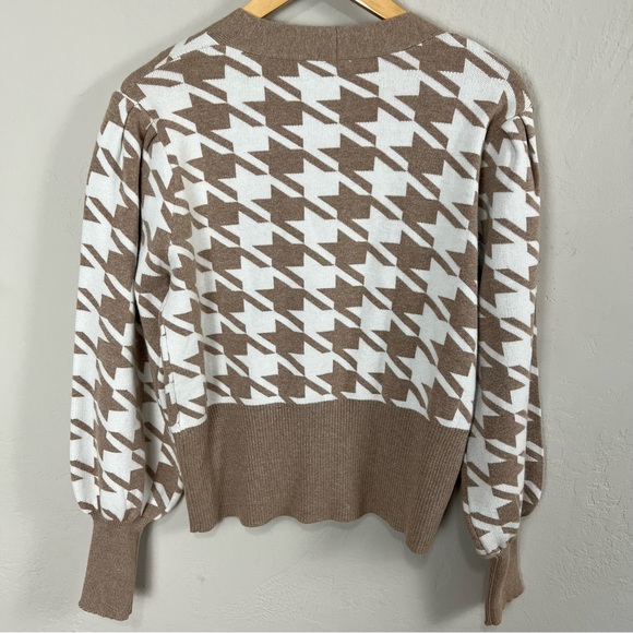 Joie Houndstooth Light Brown Puff Sleeve Cardigan Sweater Womens Size Medium - Picture 5 of 8